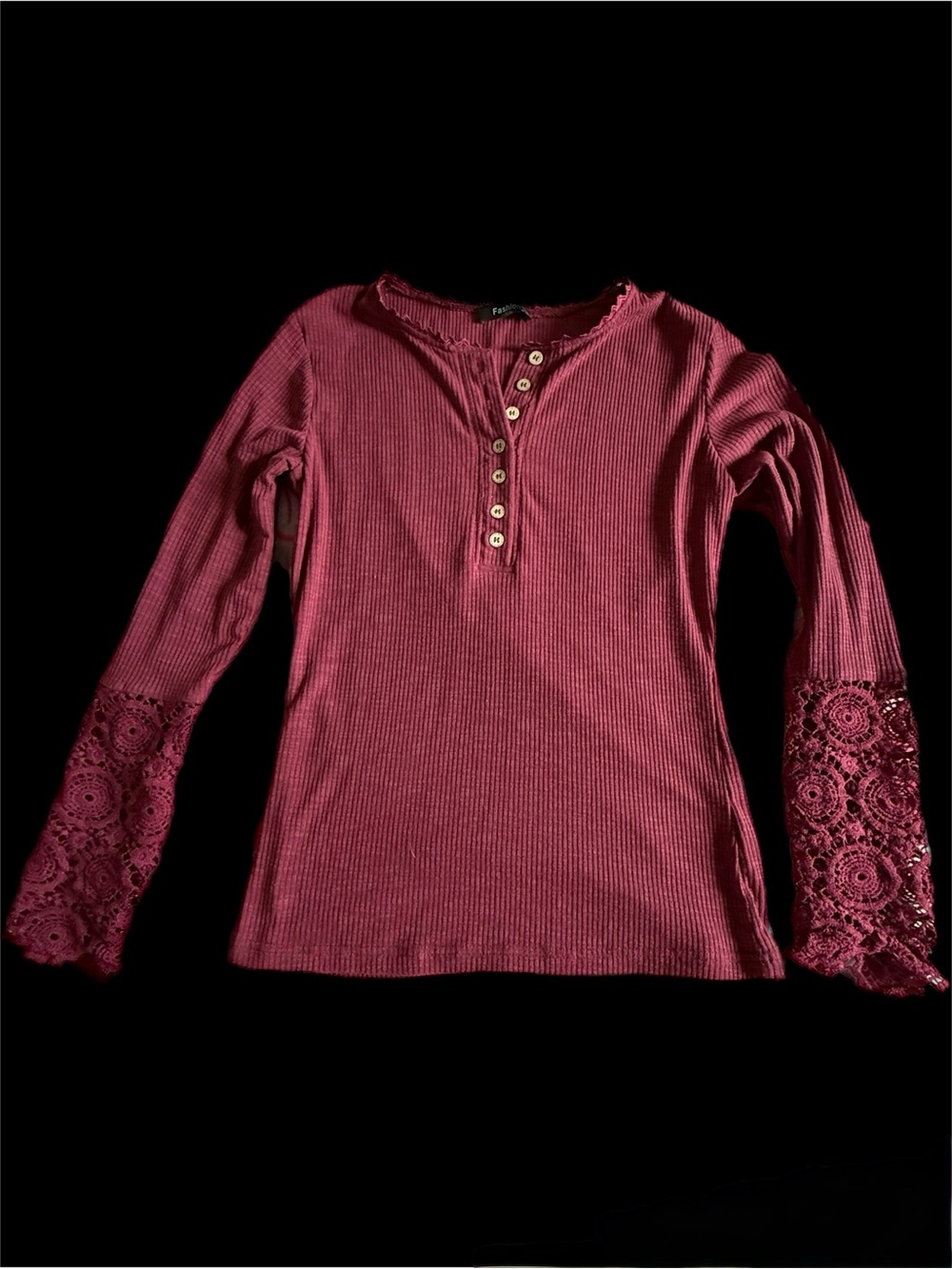 Ribbed Henley Long-Sleeve Top with Lace Cuffs - Raspberry